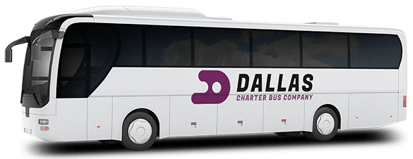 a plain white charter bus with a dallas charter bus company logo